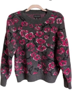 NANETTE LEPORE Grey & Pink Floral Oversized Wool Knit Crop Crewneck Sweater XS